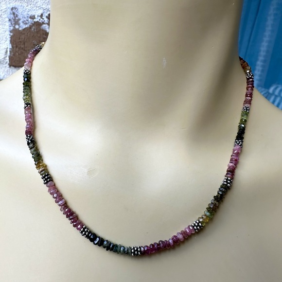 VTG‎ Beaded Necklace 16.5" Tourmaline Peridot Citrine Gems 925 Sterling 11.4g - Picture 1 of 9